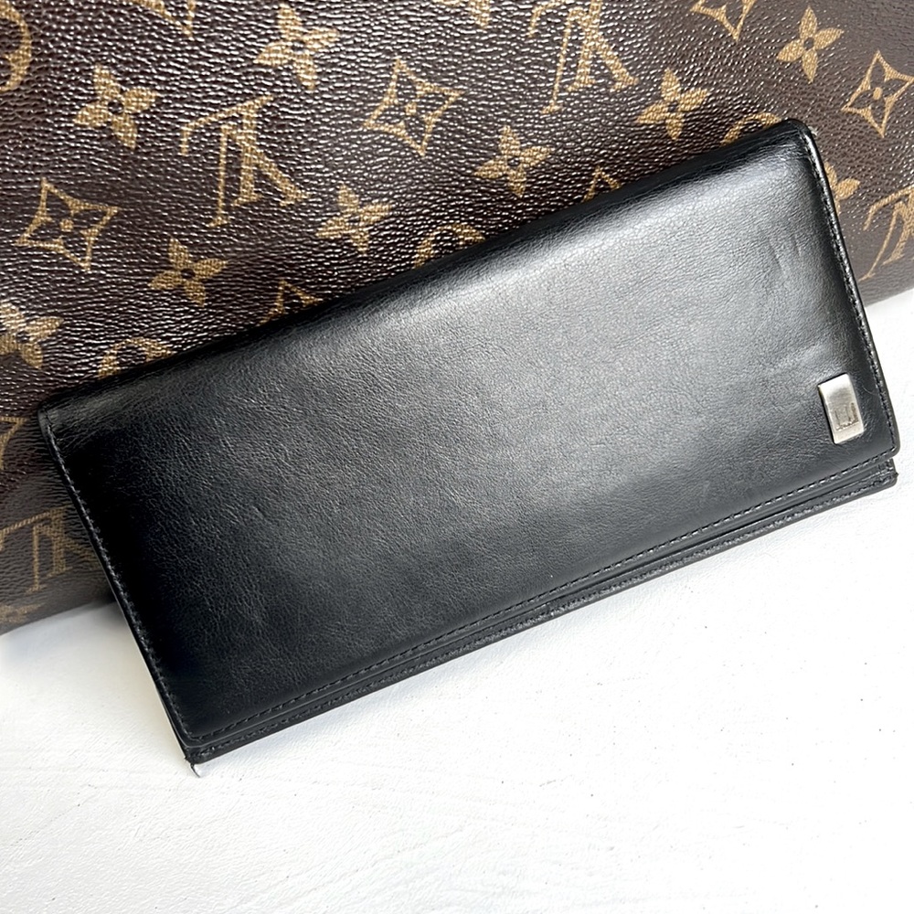 Auth. Dunhill Black Leather Long Bifold Wallet Card Bill holder Roomy Heavy duty - Picture 1 of 17
